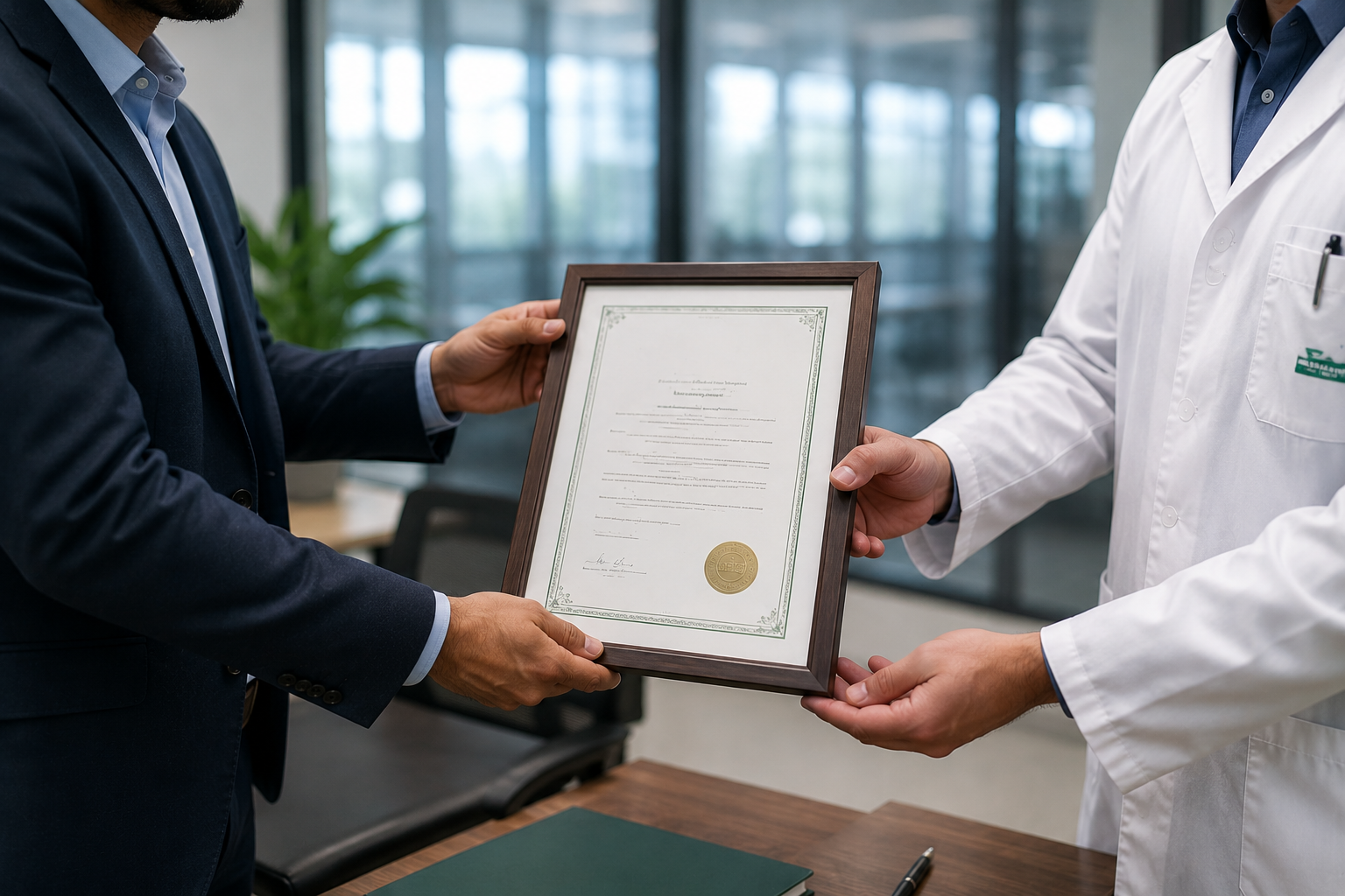 Remise d’un certificat de conformité entre un auditeur et un responsable qualité dans un environnement professionnel