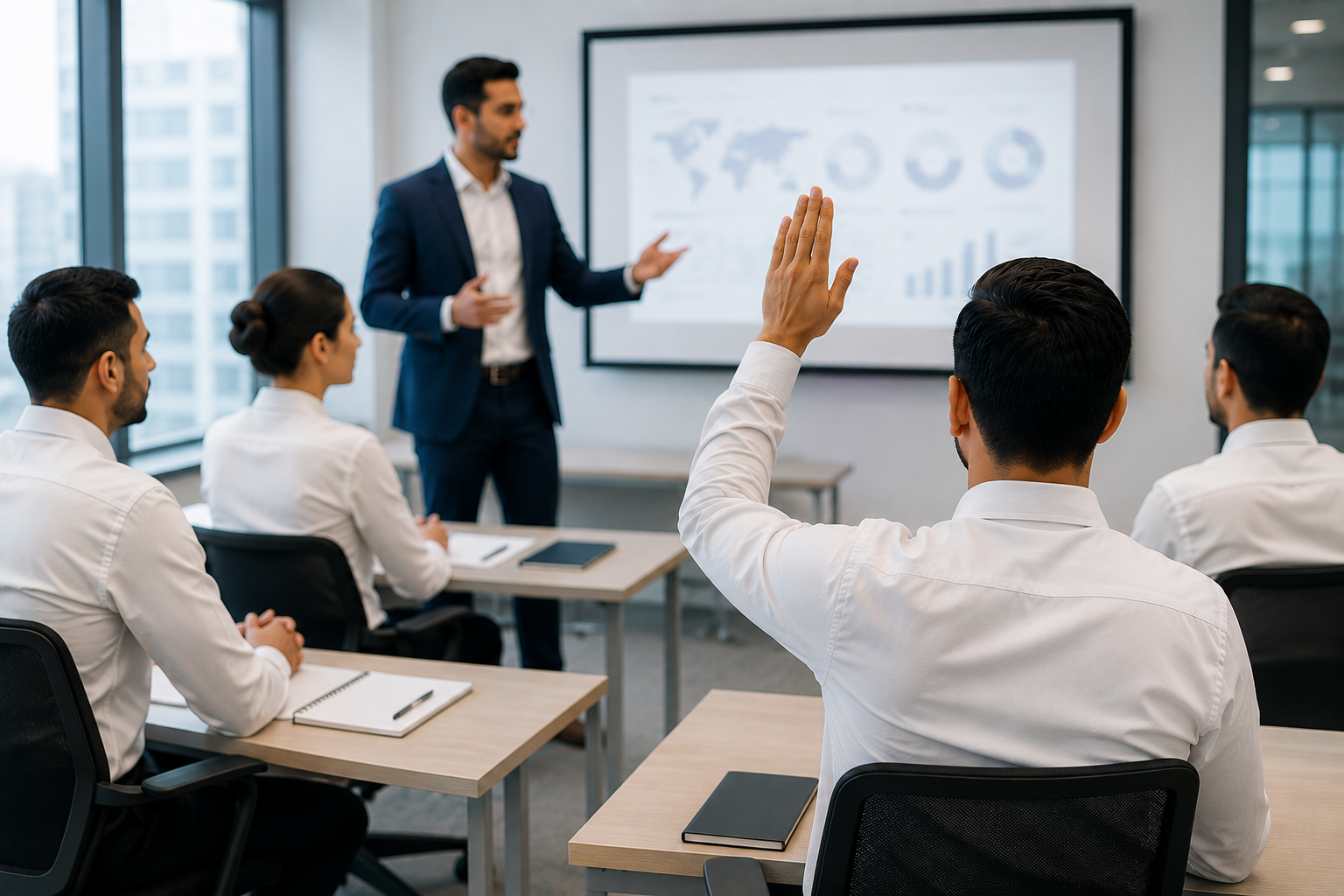 Session de formation professionnelle avec participants en blouse blanche et formateur en salle de cours