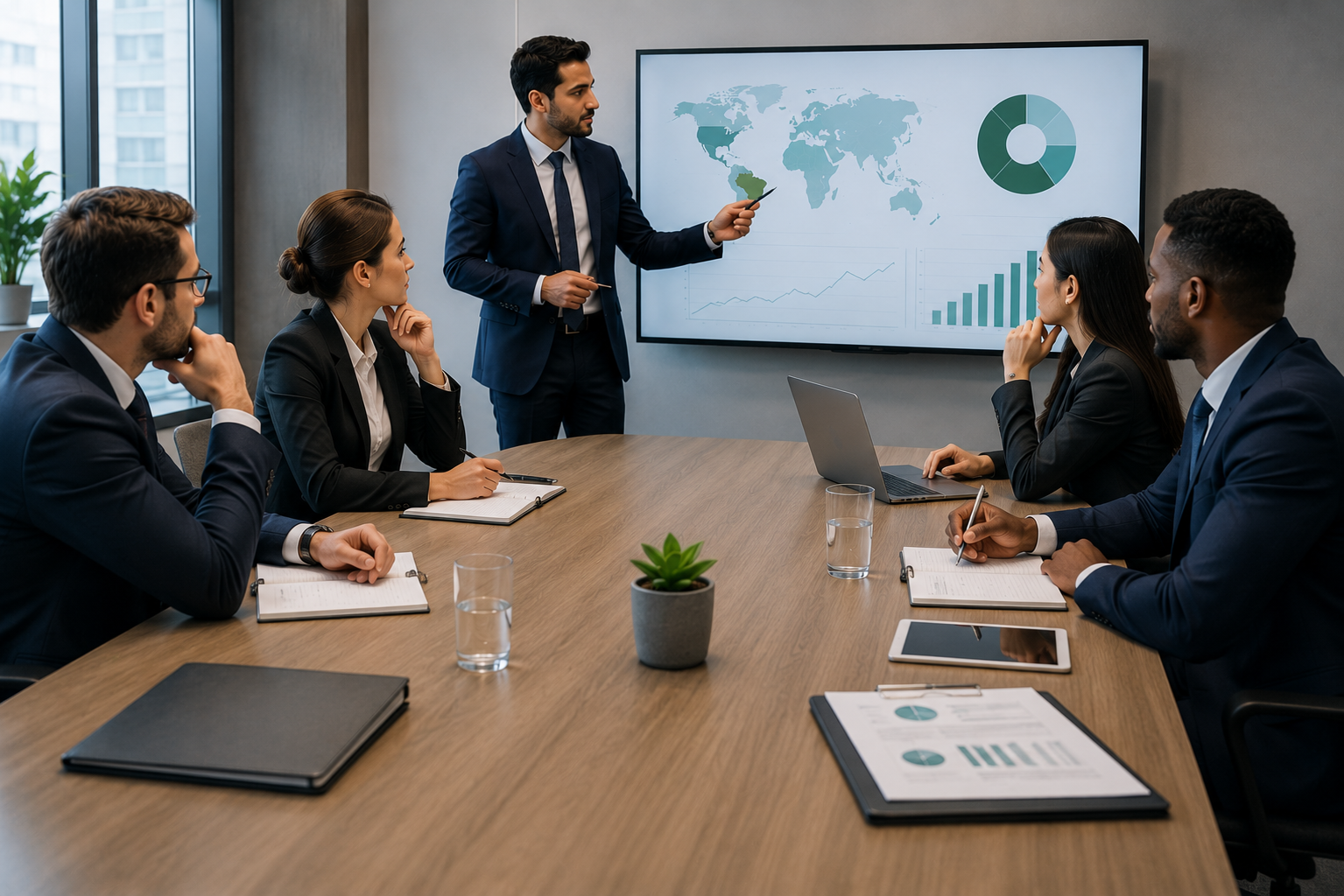Réunion de conseil stratégique réunissant des dirigeants et consultants autour d’un plan d’action et d’indicateurs de performance