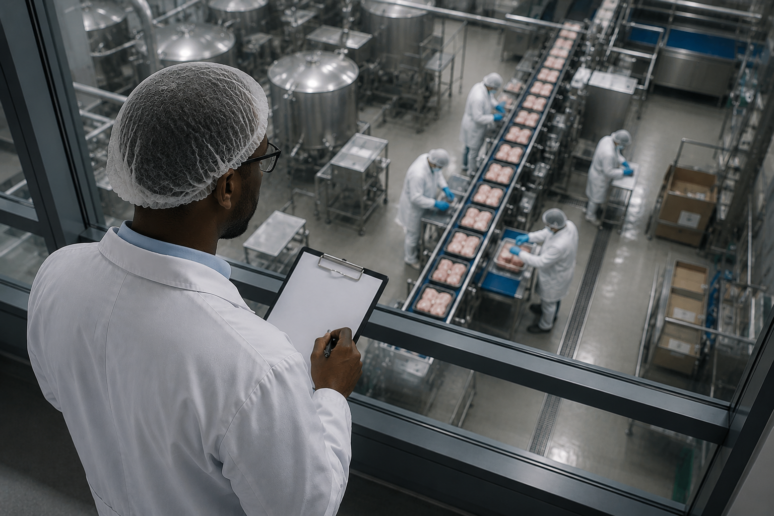 Responsable qualité supervisant une unité de production agroalimentaire certifiée depuis une zone d’observation