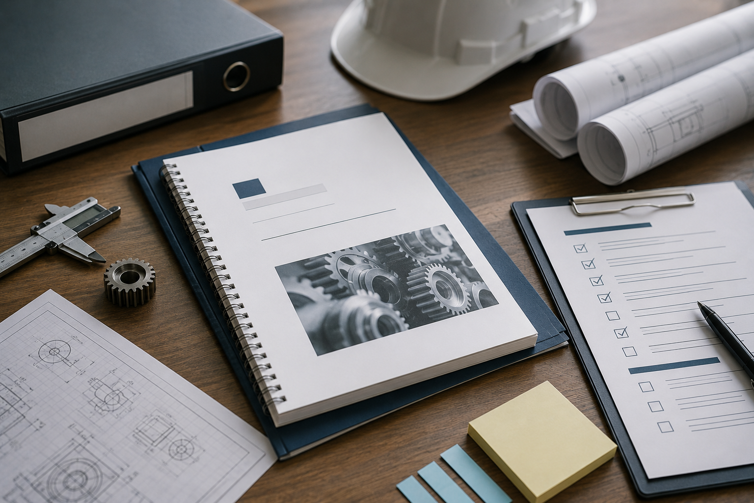 Cahier des charges industriel accompagné de plans techniques et documents de contrôle sur un bureau d’ingénierie