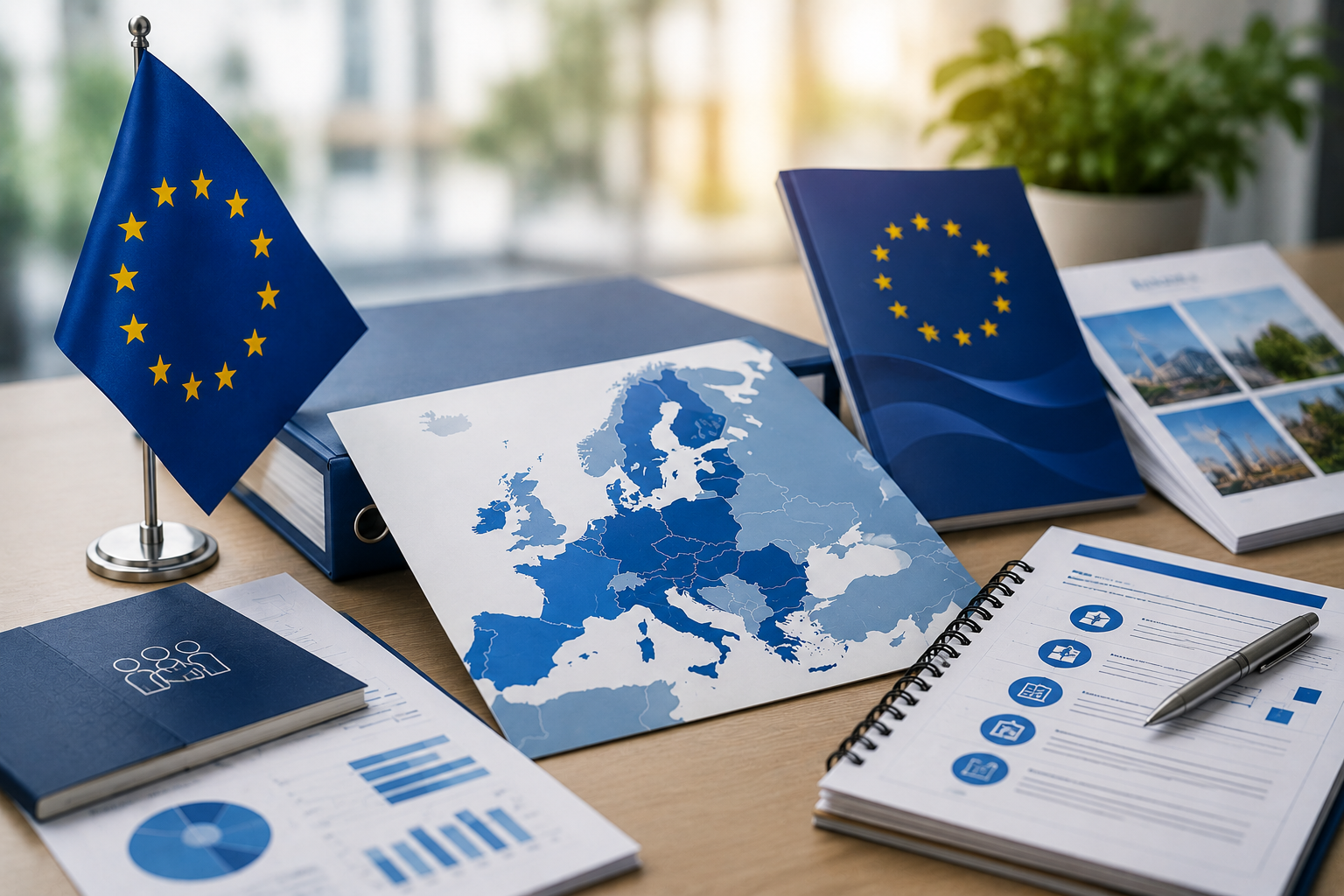 Documents et drapeau de l’Union européenne illustrant un accompagnement stratégique à l’échelle européenne